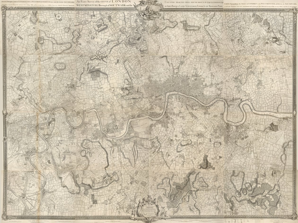 Um mapa do século 18 de Londres. Um levantamento exato da cidade de Londres, Westminster ye Borough of Southwark e do país perto de dez milhas ao redor começou em 1741 e terminou em 1745 / por John Rocque agrimensor e (gravado) por Richard Parr. de John Rocque