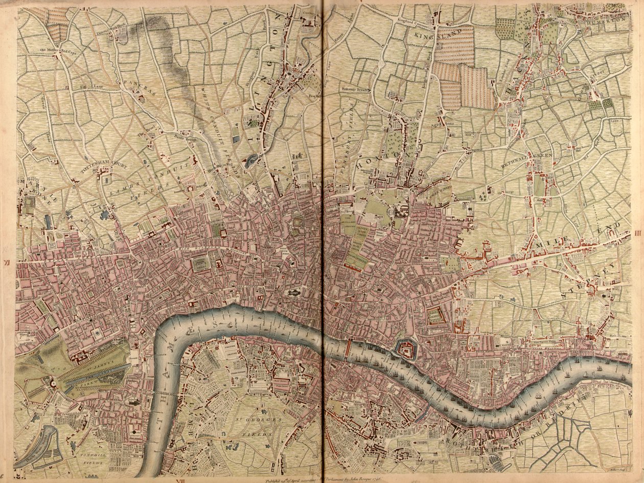 "Um levantamento exato das cidades de Londres e Westminster, do bairro de Southwark, com o país a cerca de dez milhas de distância", c.1746 (gravura) de John Rocque