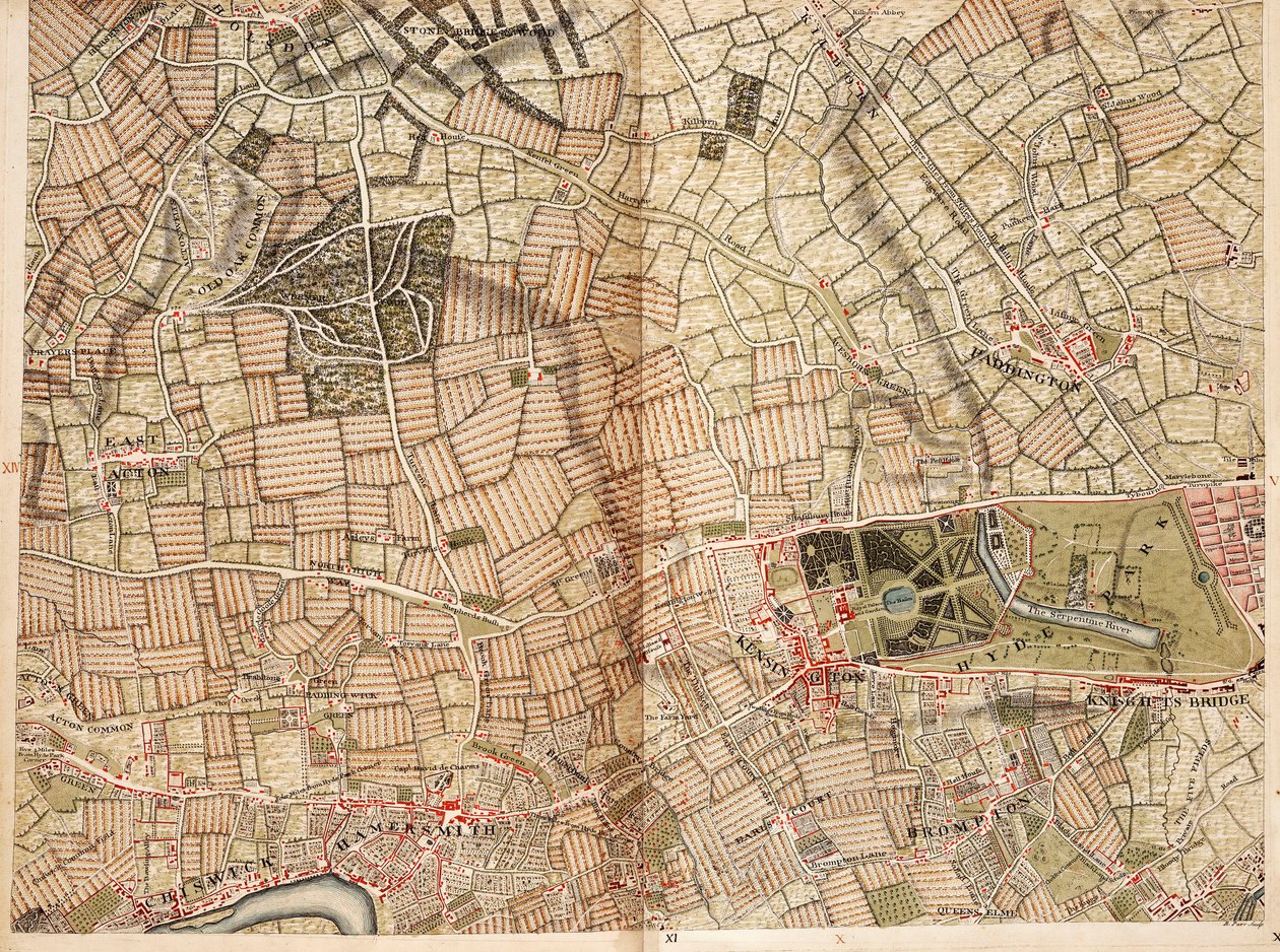 Mapa de Acton, Paddington, Hyde Park e Kensington de John Rocque