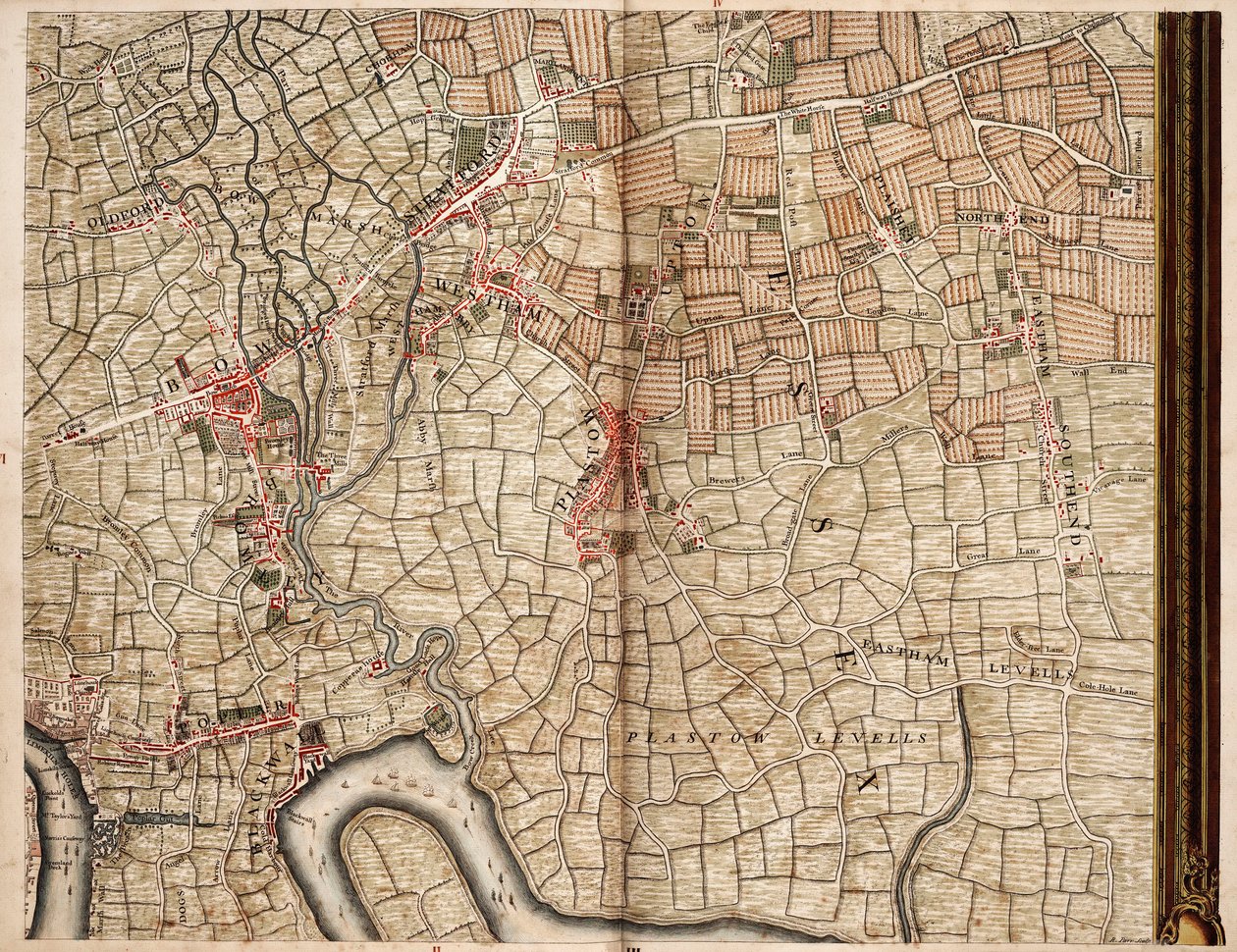 Mapa de Bow, Stratford, Blackwall e Plaistow de John Rocque