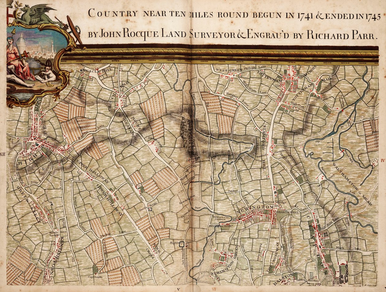Mapa de Highgate, Kentish Town, Holloway, Tottenham e Newington de John Rocque