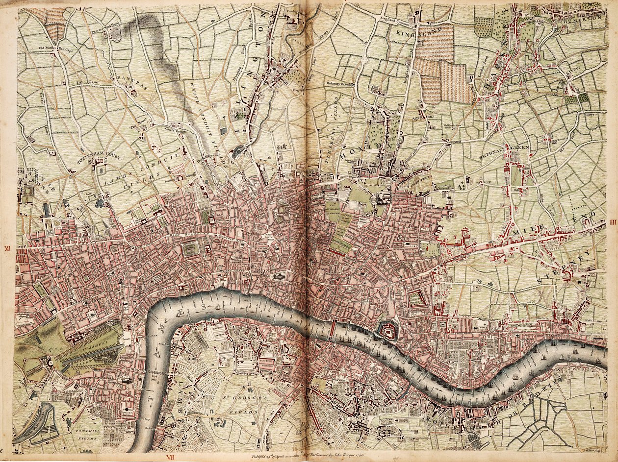 Mapa de Islington, Westminster, City e Southwark de John Rocque