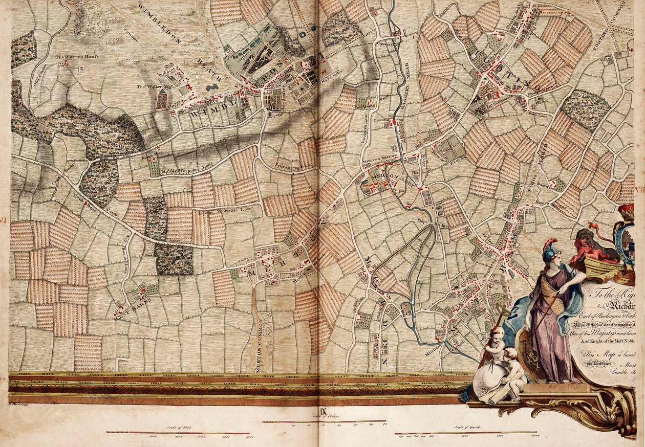 Mapa de Wimbledon e Tooting de John Rocque