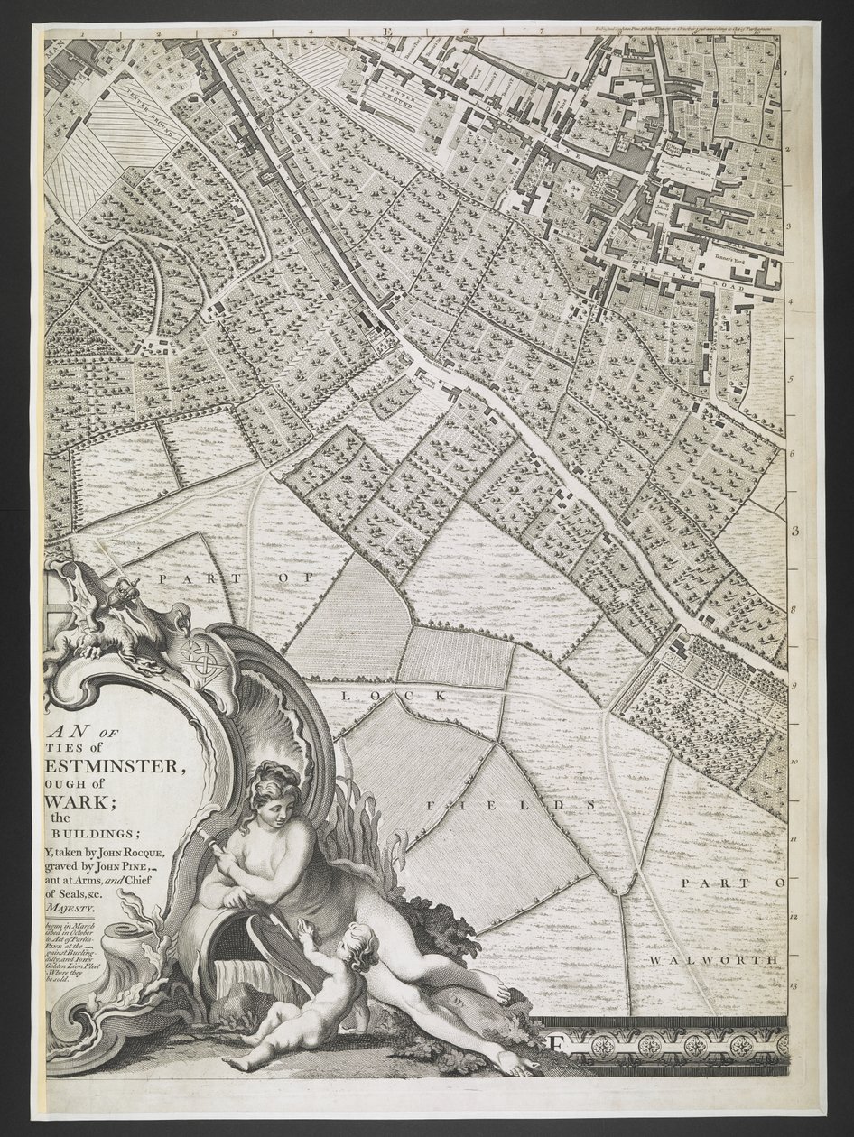Plano de Londres, Parte dos campos de bloqueio,  Um plano das cidades de Londres e Westminster, e bairro de Southwark; : com os edifícios contíguos; De uma pesquisa real, / tirada por JOHN ROCQUE, Land-Surveyor, e gravada por John Pine,  John Rocque de John Rocque