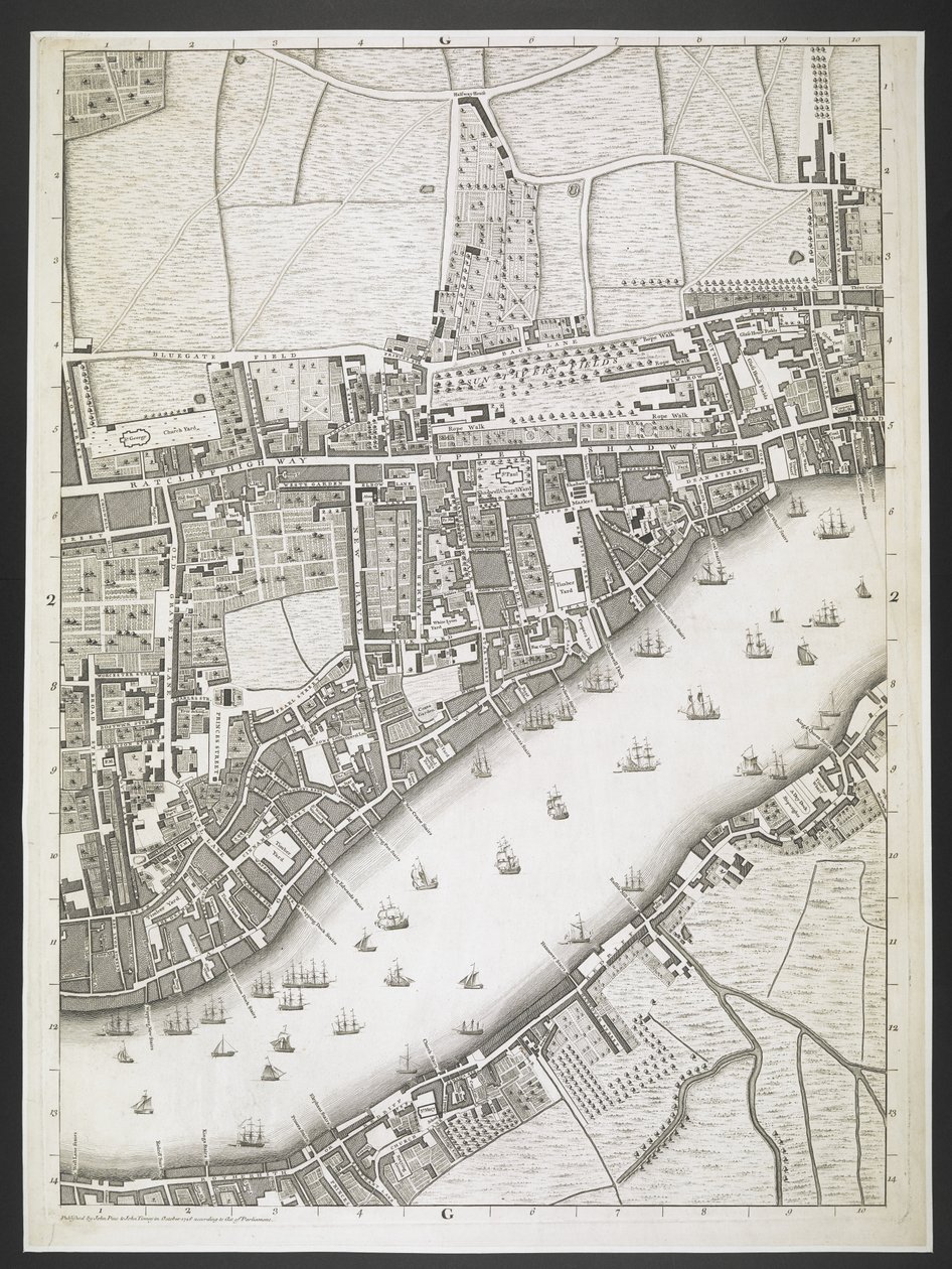 Plan of London, Ratcliff highway, Upper Shadwell road, A plan of the cities of London and Westminster, and borough of Southwark; : com os edifícios contíguos; De um levantamento real, / tomado por JOHN ROCQUE, Land-Surveyor, e Engraved by John Pine, J de John Rocque