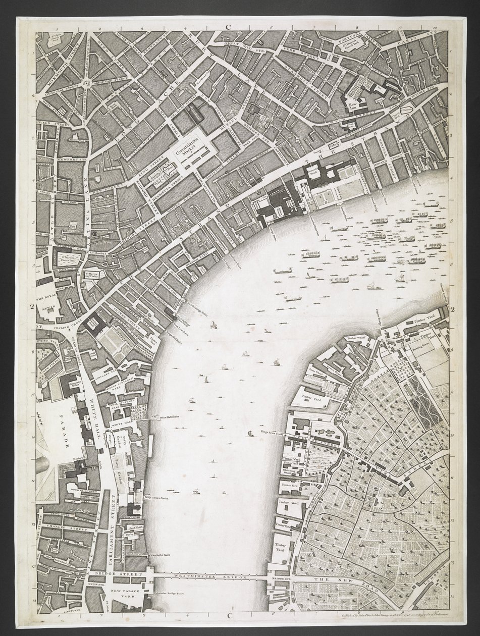 Plan of London, The Strand, Westminster bridge, A plan of the cities of London and Westminster, and borough of Southwark; : com os edifícios contíguos; De um levantamento real, / tomado por JOHN ROCQUE, Land-Surveyor, e Engraved por John Pine, John Rocq de John Rocque