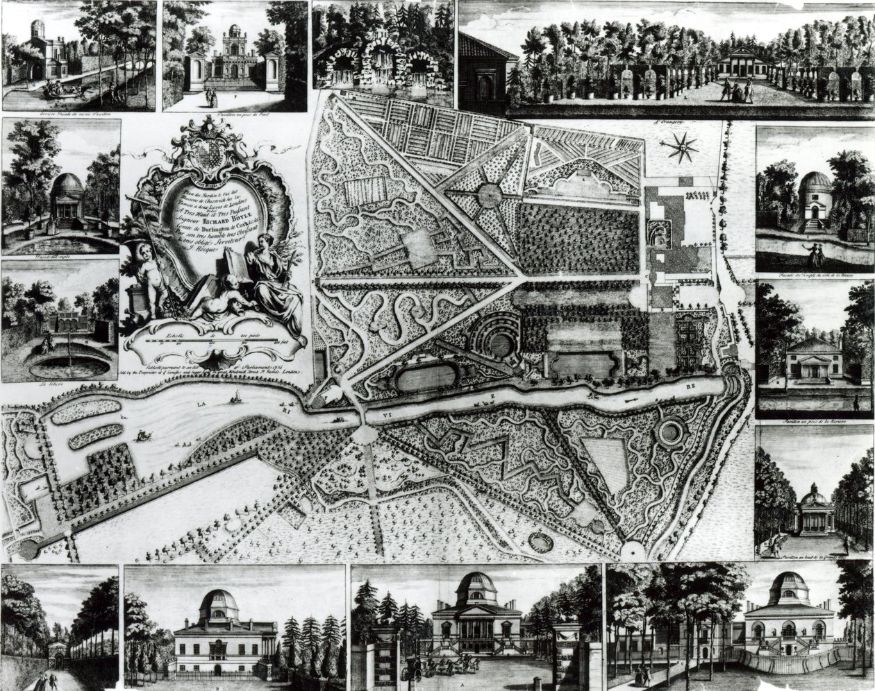Plano do jardim e vista das casas em Chiswick no Tamisa de John Rocque