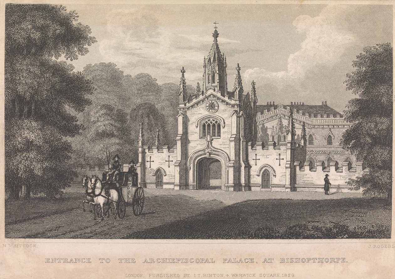 Entrada no Palácio Arquiepiscopal, em Bishopthorpe (publicado por I. T. Hinton); página 34 (Volume Um) de John Rogers