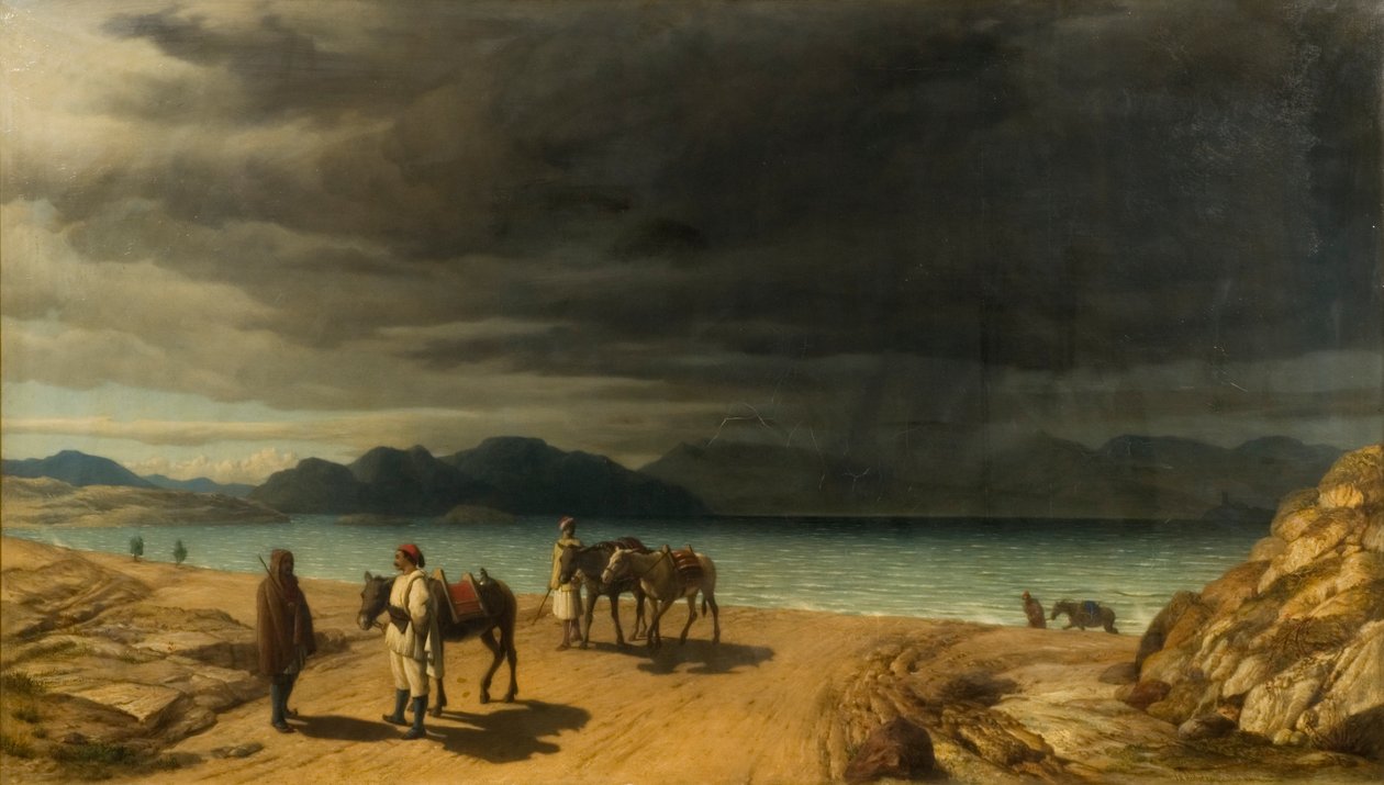 Paisagem com lago e soldados gregos de John Rogers Herbert