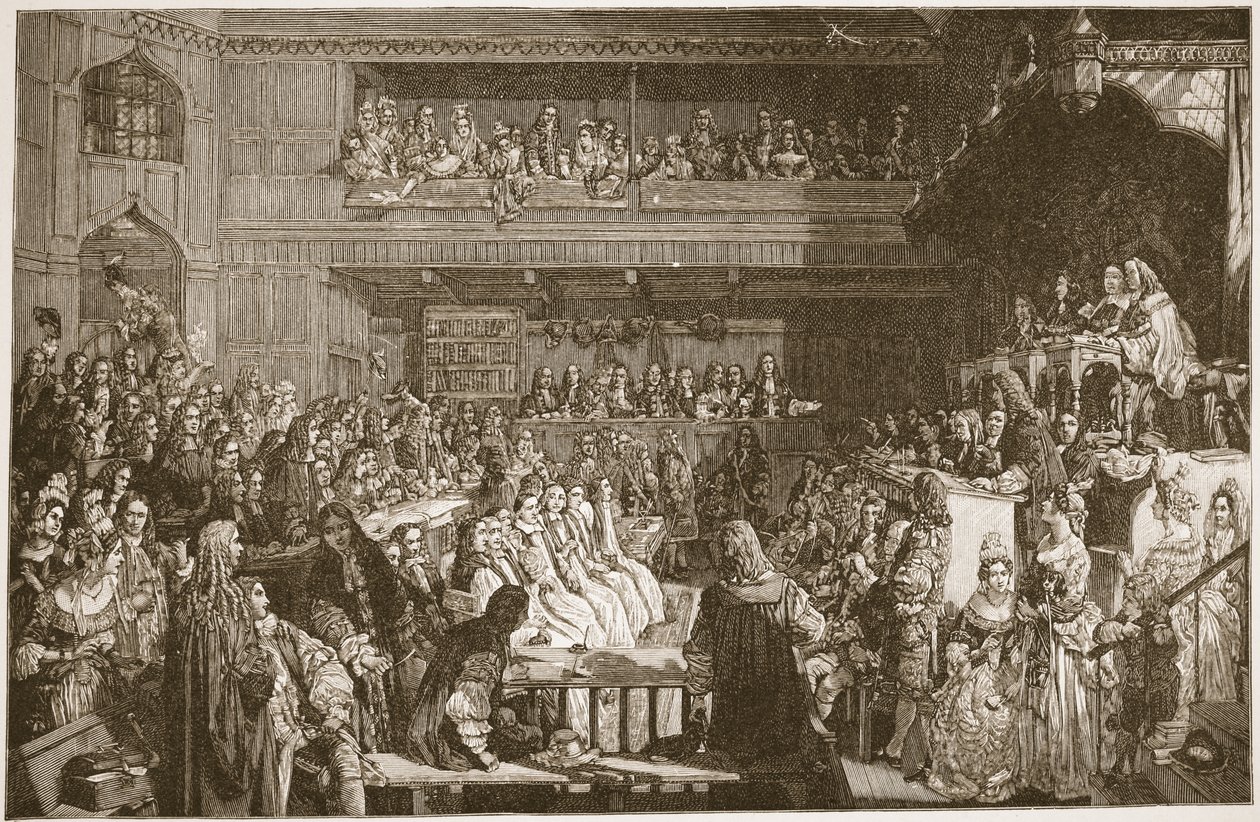 A absolvição dos Sete Bispos, 1688, ilustração de "A Igreja da Inglaterra: Uma História para o Povo" por HDM Spence-Jones, pub. c.1910 (foto sépia) de John Rogers Herbert