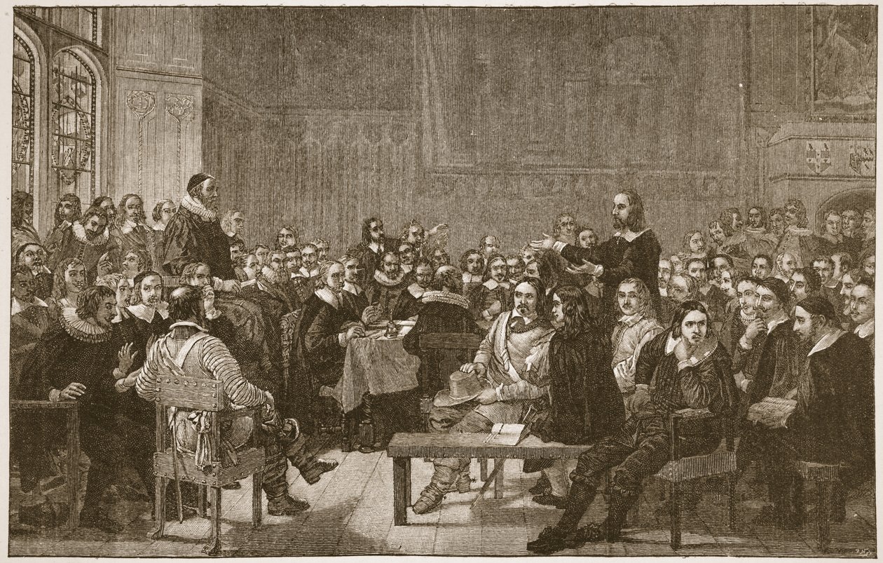 A Assembléia de Westminster de Divines, ilustração de "A Igreja da Inglaterra: Uma História para o Povo" por HDM Spence-Jones, pub. c.1910 (foto sépia) de John Rogers Herbert