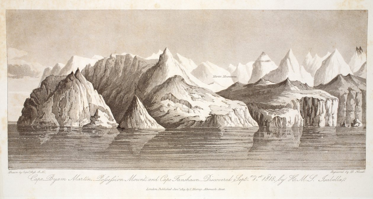 Cape Byam Martin, Monte Pofsefsion e Cabo Fanshawe, descoberto em 1º de setembro de 1818 pelo HMS Isabella, ilustração de &39;A Voyage of discovery ...&39;, 1819 de John Ross