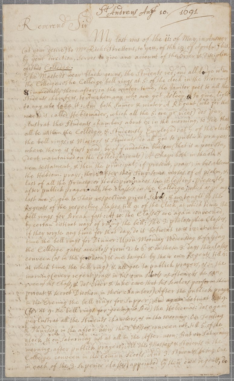 Uma carta de John Row, um estudante de St. Andrews, para seu tio, 1691 de John Row