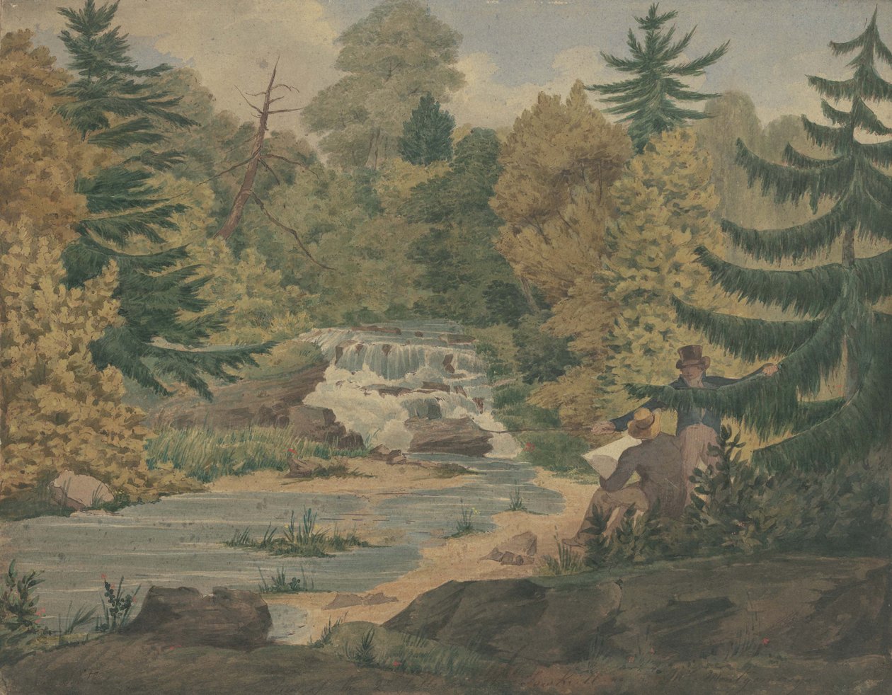 Vista do segundo cai no rio Sawkill, c.1840 (aguarela e tinta em papel de wove) de John Rubens Smith