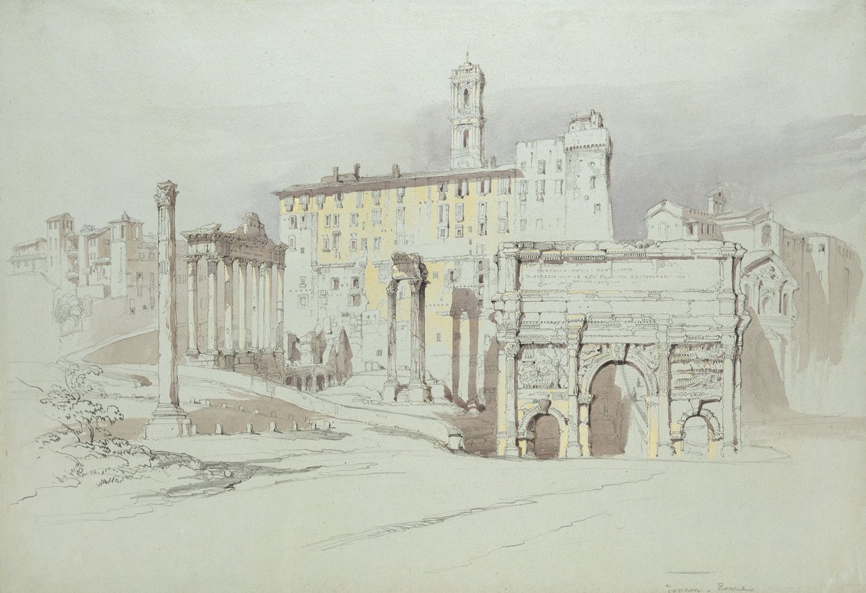 Uma janela do Palazzo Tolomei, Siena, mostrando a rude e assimétrica colocação de pedras maciças, 25 - 27 de junho de 1870 (aguarela e bodycolour sobre grafite em papel azul wove) de John Ruskin