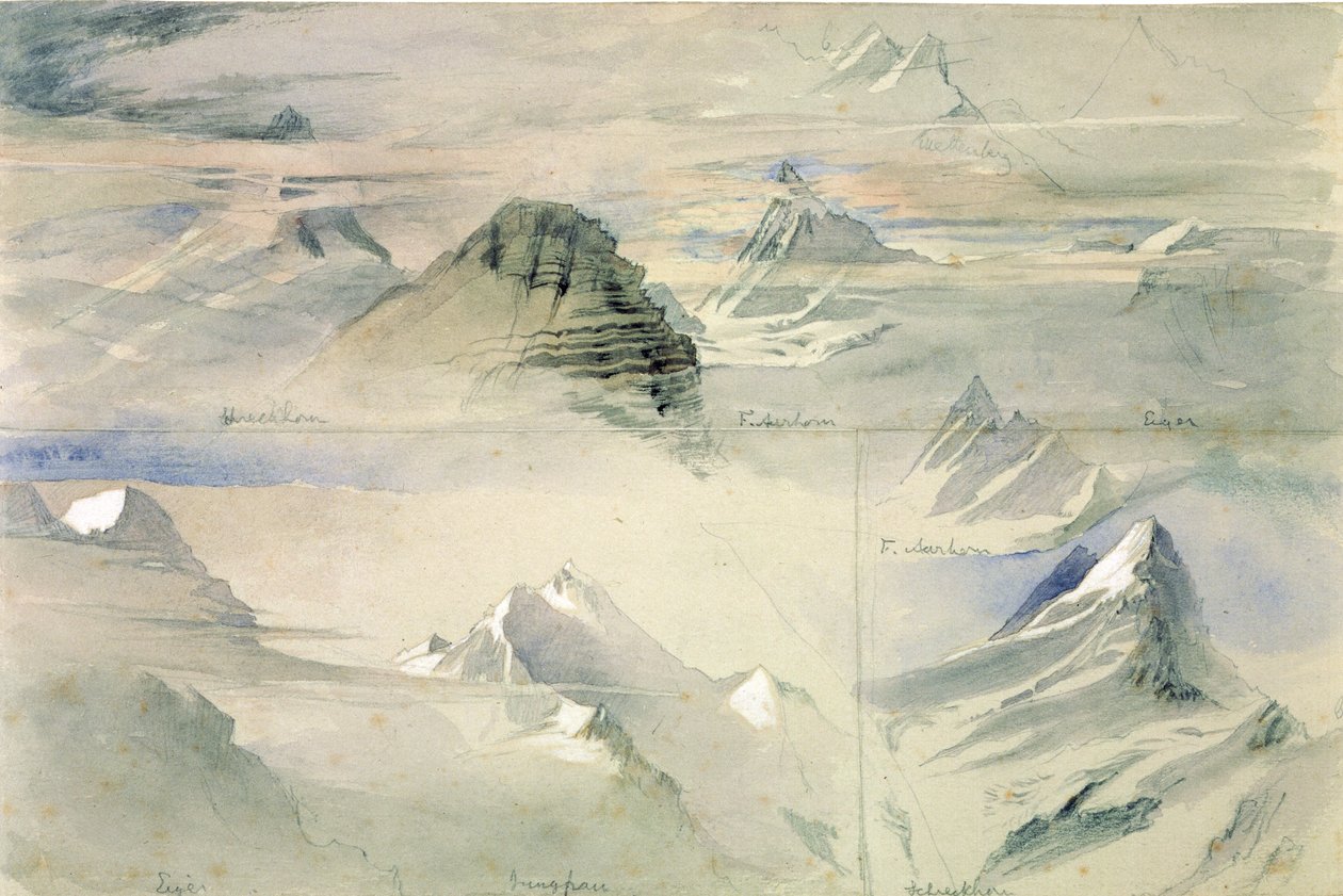 Picos alpinos: Jungfrau e outros, 1846 de John Ruskin