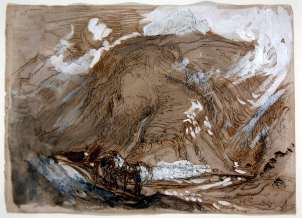 Alpine Valley, c.1854 (lápis, tinta e aguarela em papel branco) de John Ruskin