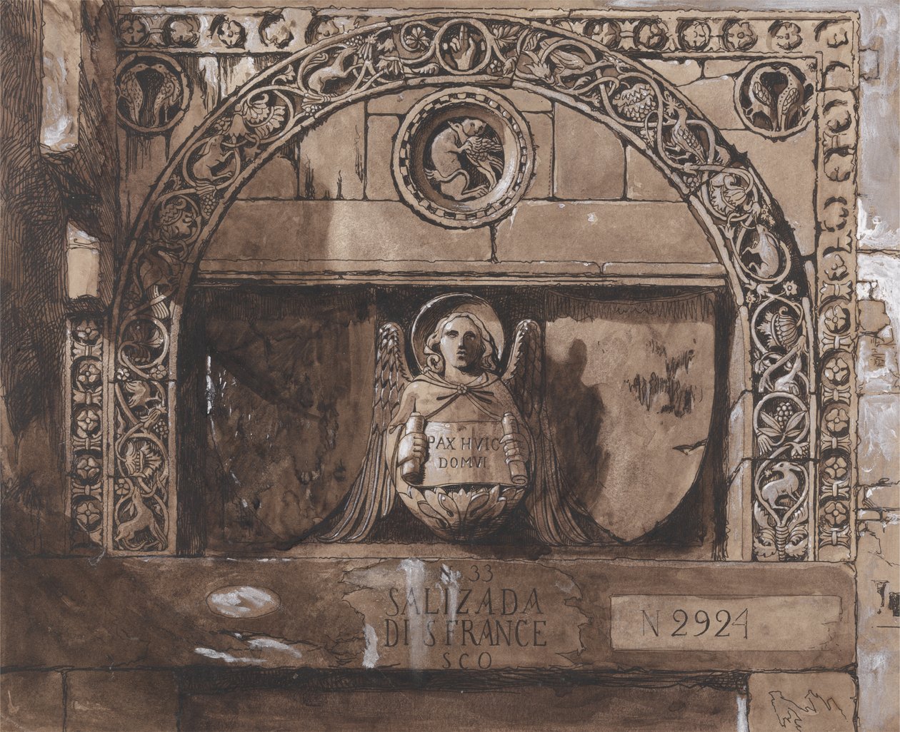 Porta do Palácio Contarini do Portão de Ferro (caneta, tinta, lavar e bc sobre papel) de John Ruskin
