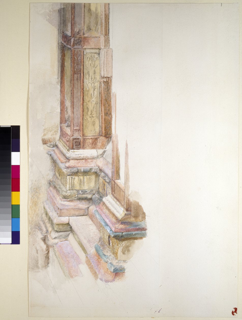 Mármores em Verona: base de uma pilastra na fachada de Sant &39;Anastasia, Verona, junho de 1869 (aquarela e cor do corpo sobre grafite no papel, algumas linhas regidas) de John Ruskin