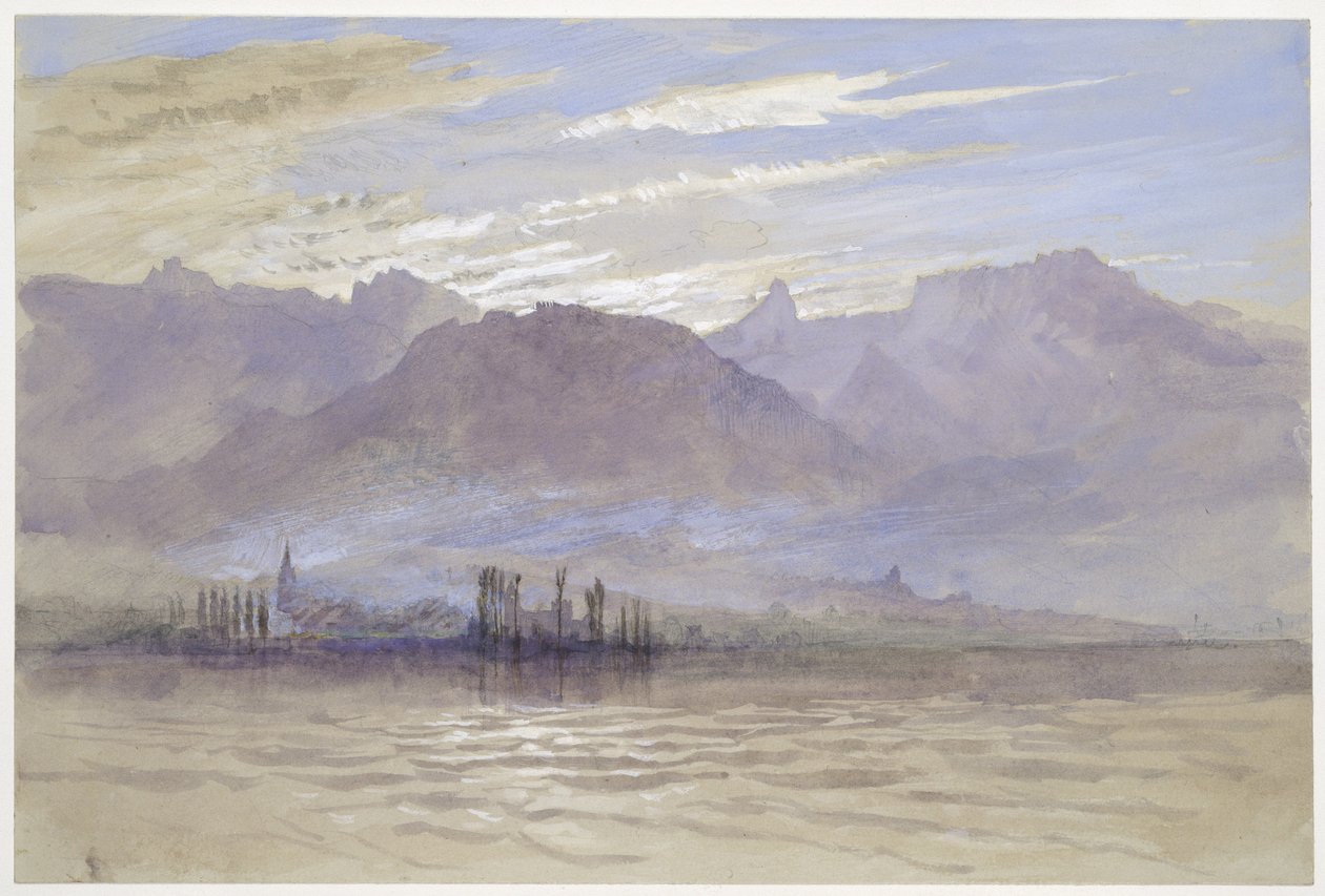 Manhã na Primavera, com o nordeste Vento, em Vevey, maio - junho de 1849 ou 1 de maio de 1869 (aguarela e bodycolour sobre grafite em papel cinza claro) de John Ruskin