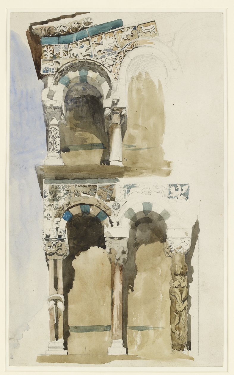 Parte da fachada da Igreja destruída de San Michele in Foro, Lucca, esboçada em cor, 30 de junho - 1 de julho de 1846 (aquarela sobre grafite em papel de wove) de John Ruskin