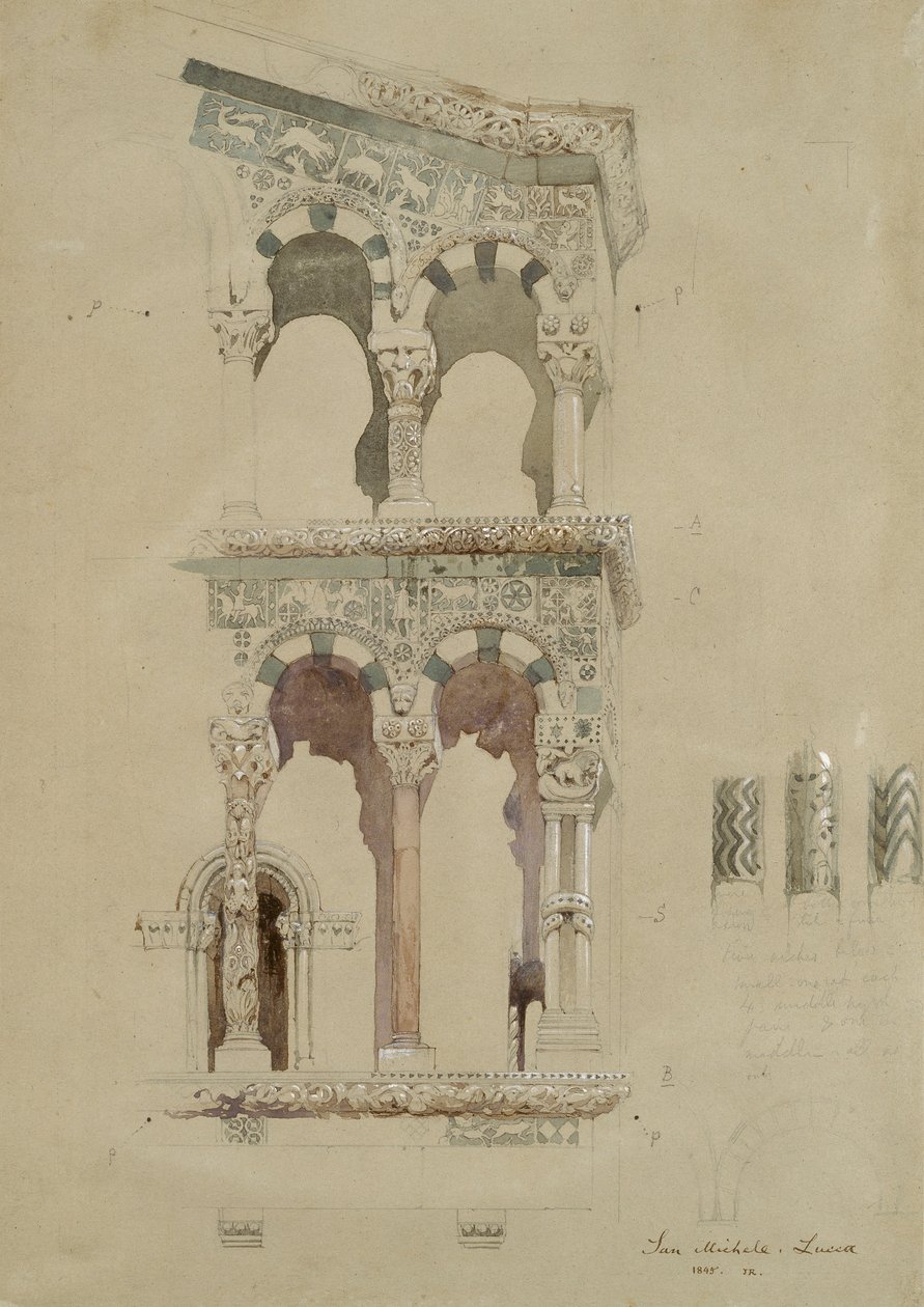 Parte da fachada da Igreja destruída de San Michele em Foro, Lucca, como apareceu em 1845, Ma de John Ruskin