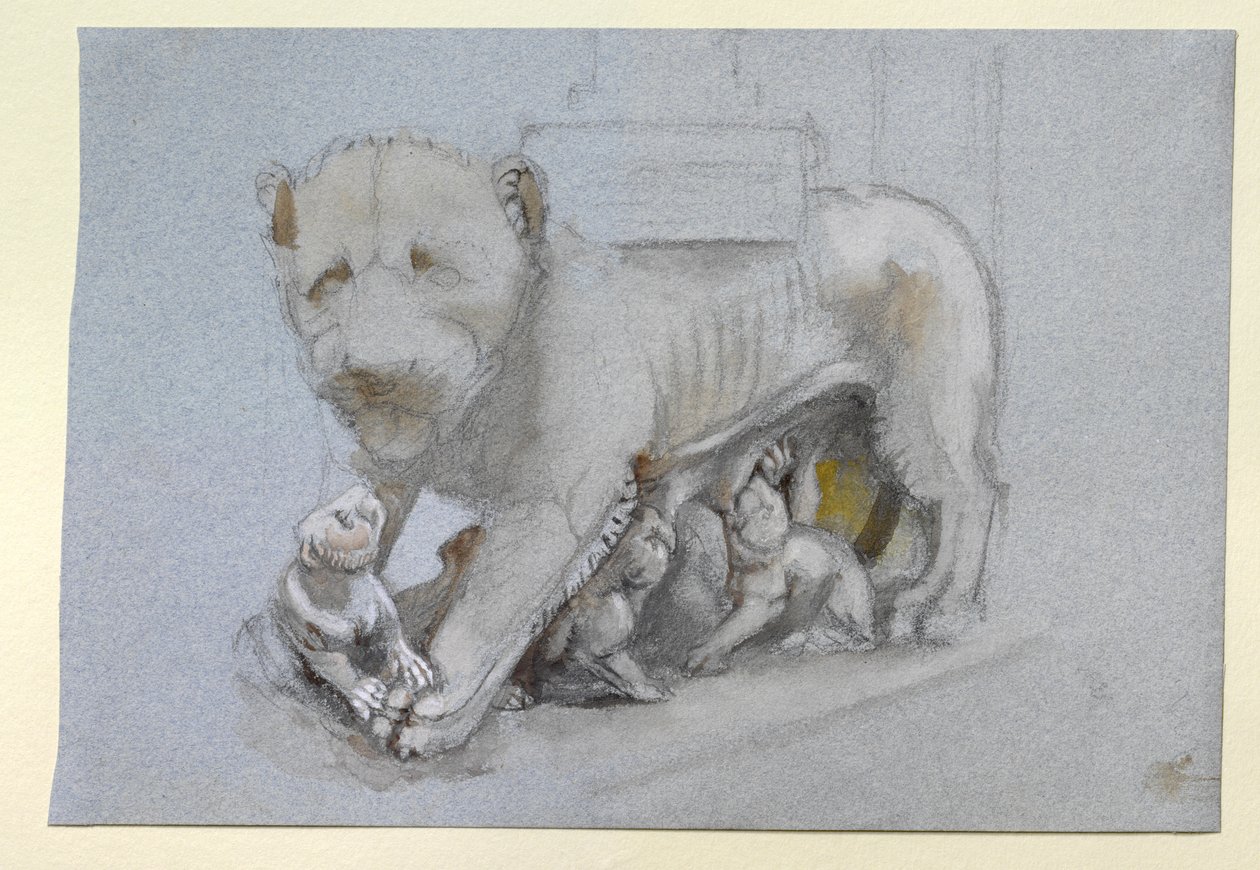 Esboço de leoa e filhotes de púlpito de Siena de Nicola Pisano, de junho de 1870 (aquarela e bodycolour sobre grafite em papel azul-cinza wove) de John Ruskin