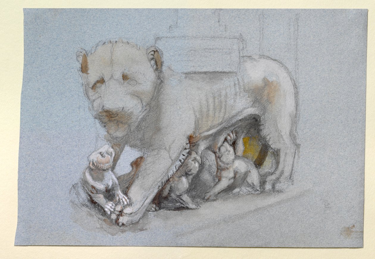 Esboço de leoa e filhotes do púlpito de Siena de Nicola Pisano, junho de 1870 de John Ruskin