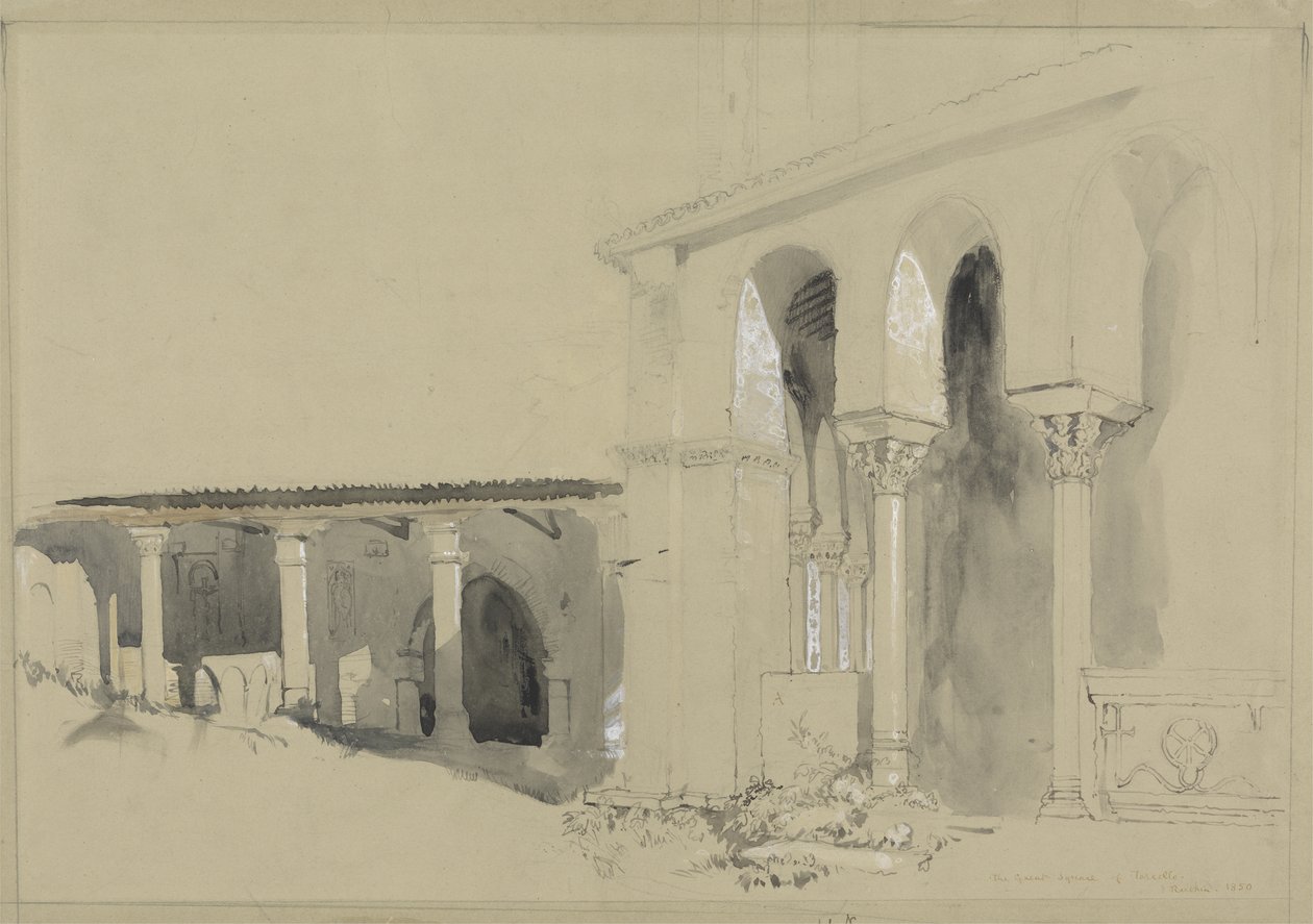 A Grande Praça de Torcello, 1850 (caneta, tinta e lavagem sobre grafite com guache sobre papel de madeira marrom) de John Ruskin