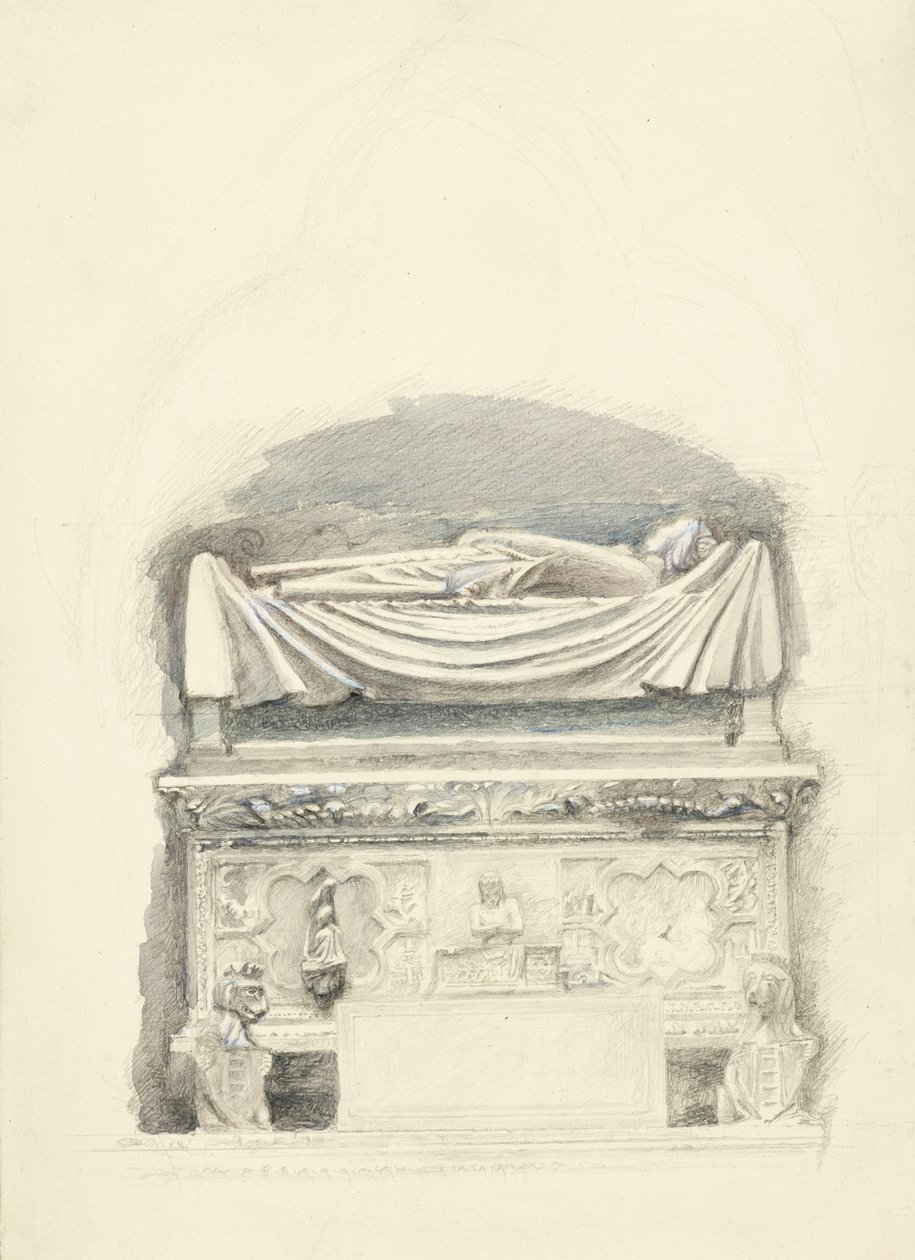 O Sarcófago e Efígie do Túmulo de Cangrande I della Scala, Verona, 21 de Maio-1 de Julho de 1869 (grafite, aguarela e corpinho sobre papel tecido) de John Ruskin