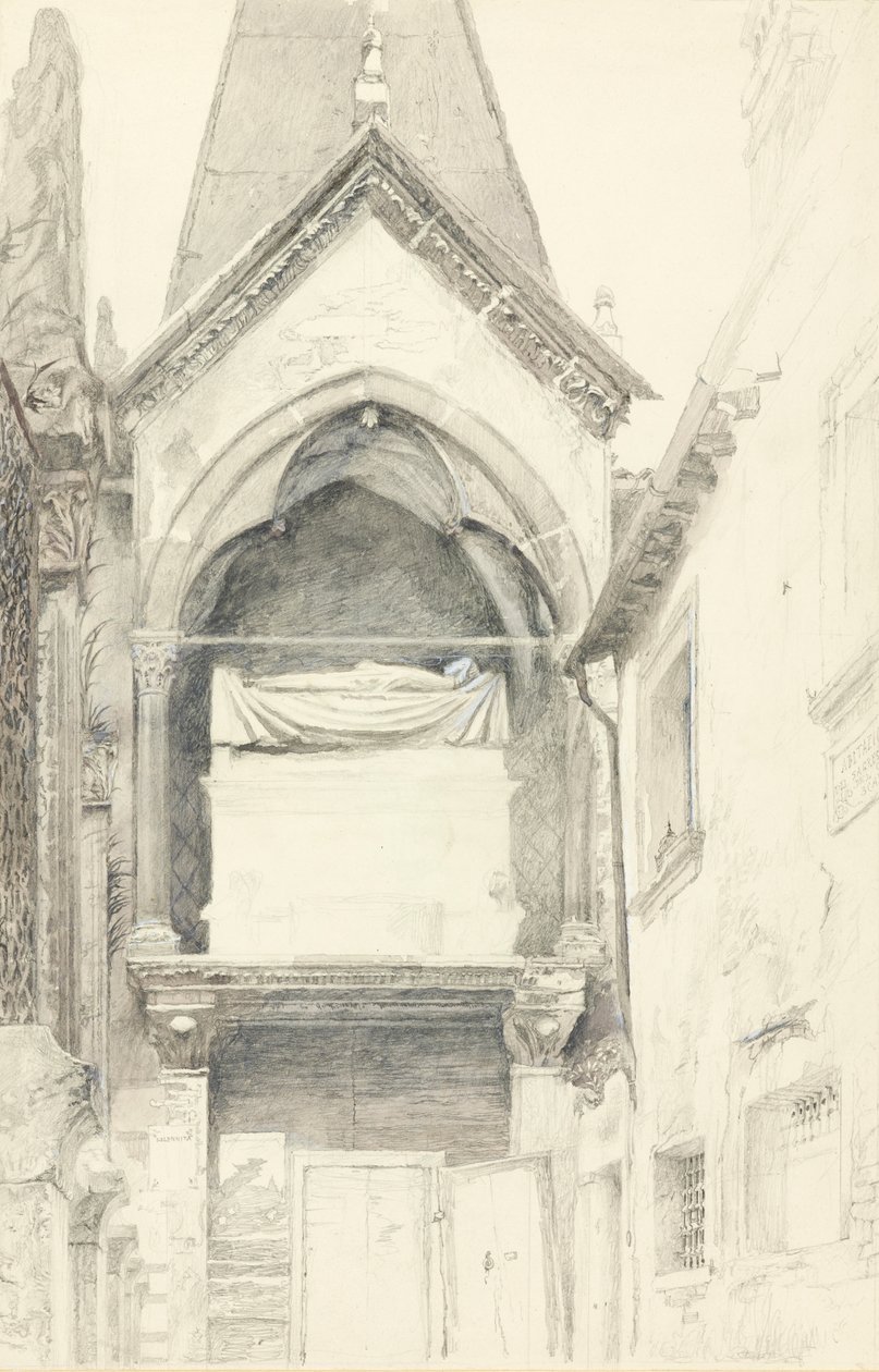 A Tumba de Cangrande I della Scala, Verona, 28 de Maio-29 de Junho de 1869 (grafite, aguarela e cor de corpo sobre papel tecido) de John Ruskin