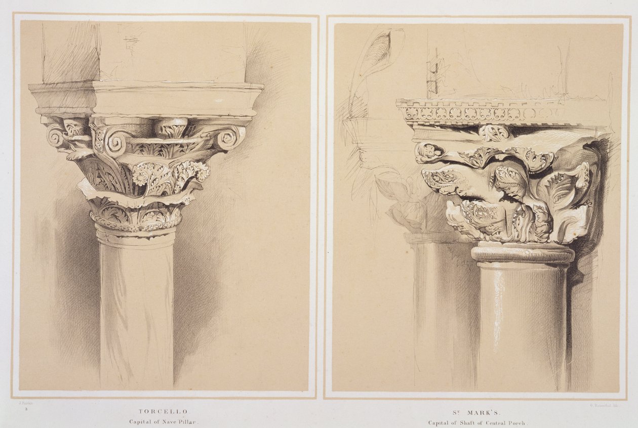 Torcello, capital de Nave Pilar e de São Marcos, capital do pórtico central, de "Exemplos da arquitetura de Veneza", de John Ruskin, gravada por G. Rosenthal, 1851 de John Ruskin