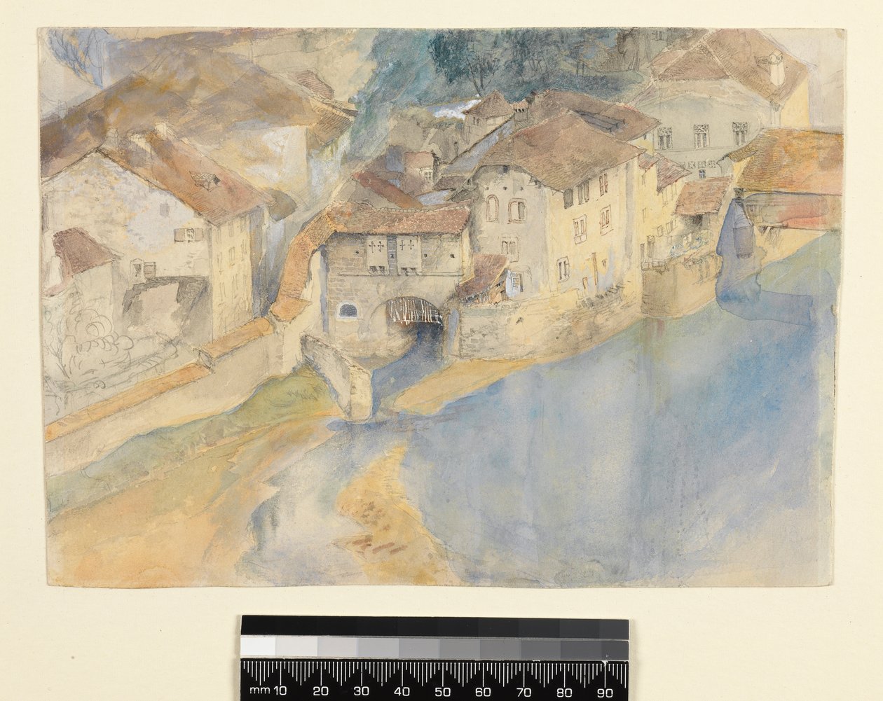 Vista de Friburgo, Suíça, c.1854 (lápis, caneta e tinta e guache sobre papel) de John Ruskin