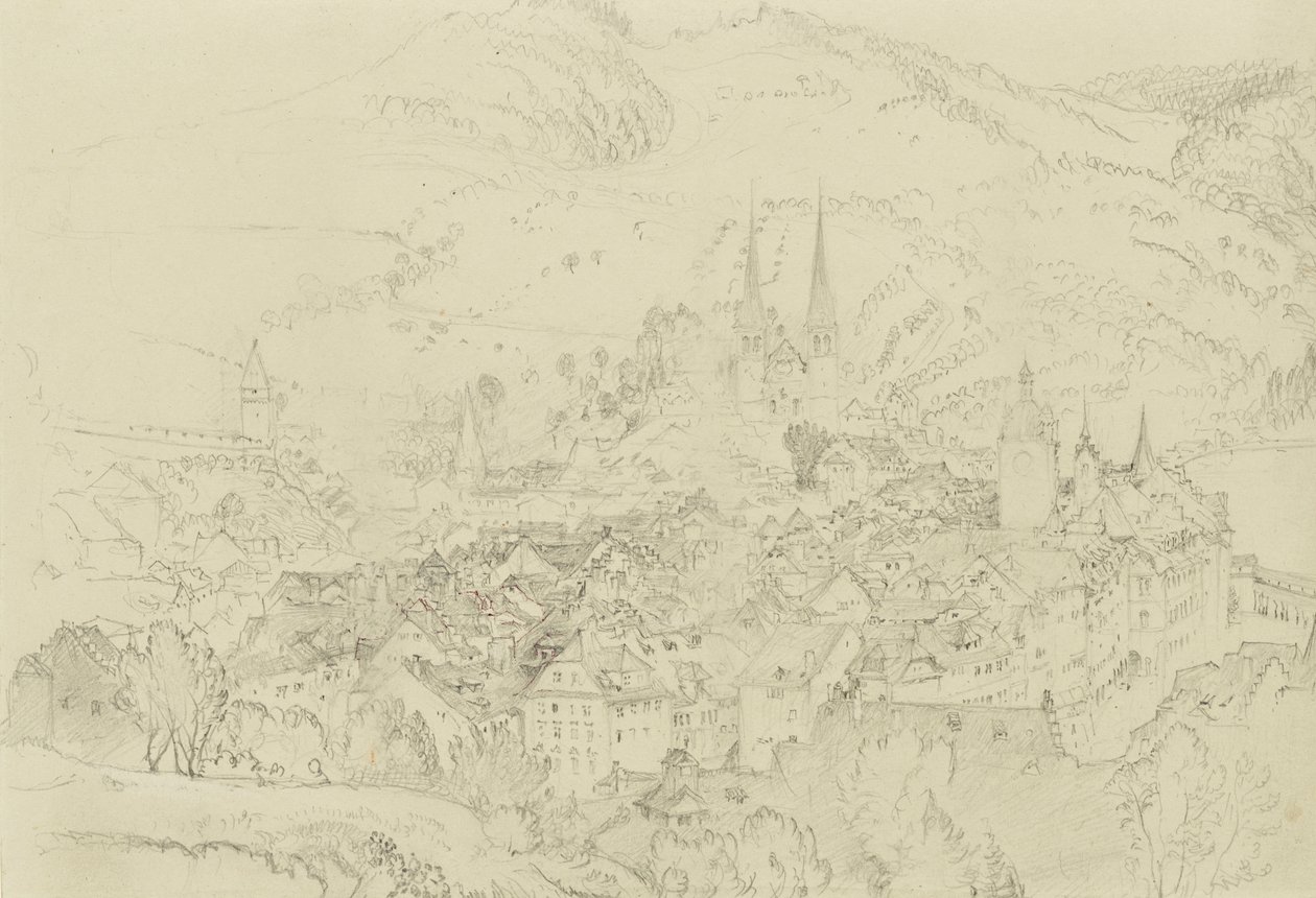 Vista de Luzern de cima, Outubro-Dezembro de 1861 (grafite com toques de caneta e tinta sobre papel de trama cinza pálido) de John Ruskin