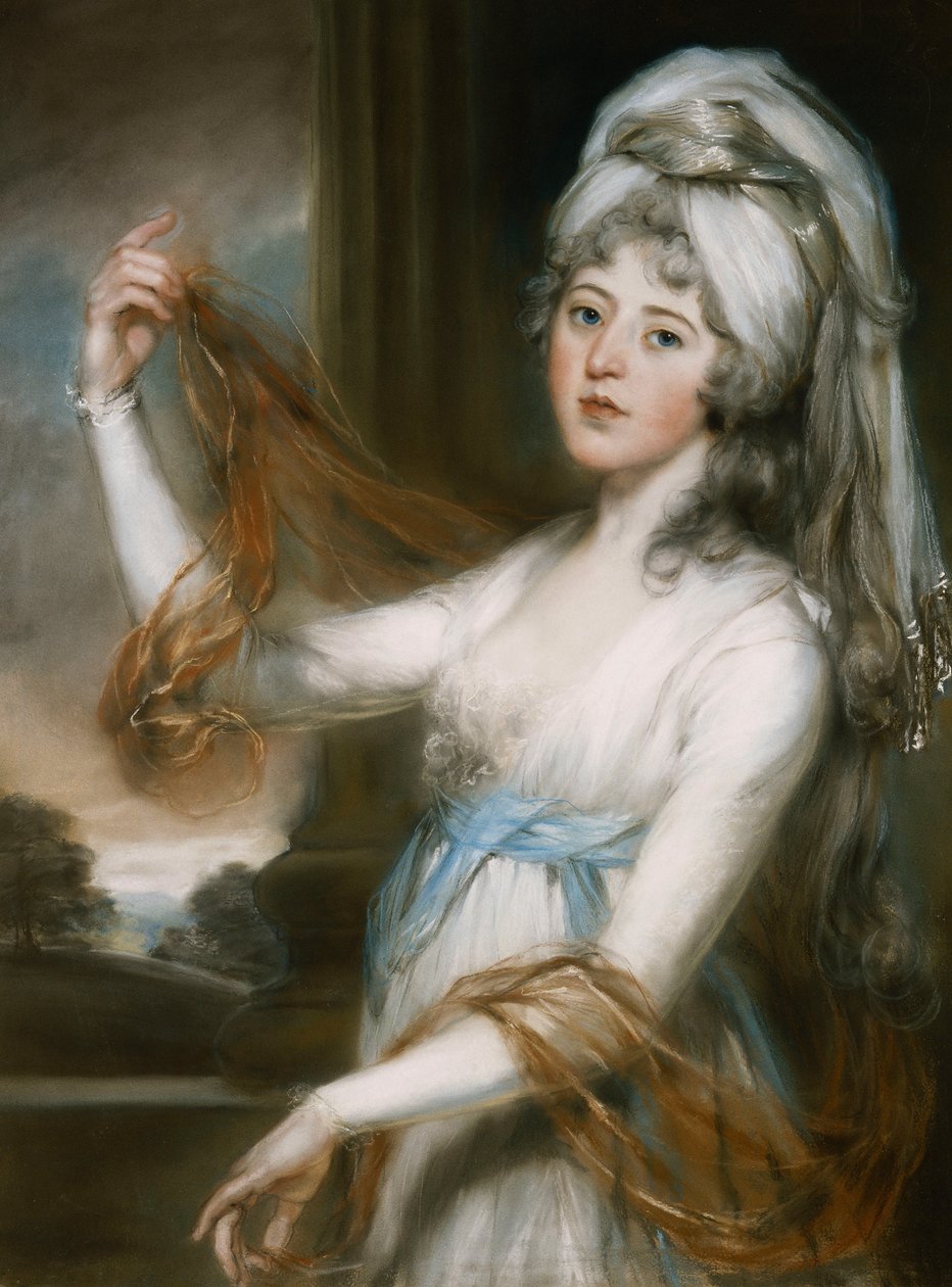 Retrato de Sarah, esposa de Walker King, bispo de Rochester, três quartos, em um vestido branco com uma faixa azul, de John Russell