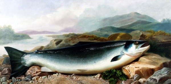 Natureza Morta de um salmão na margem de um rio em uma paisagem montanhosa de John Russell