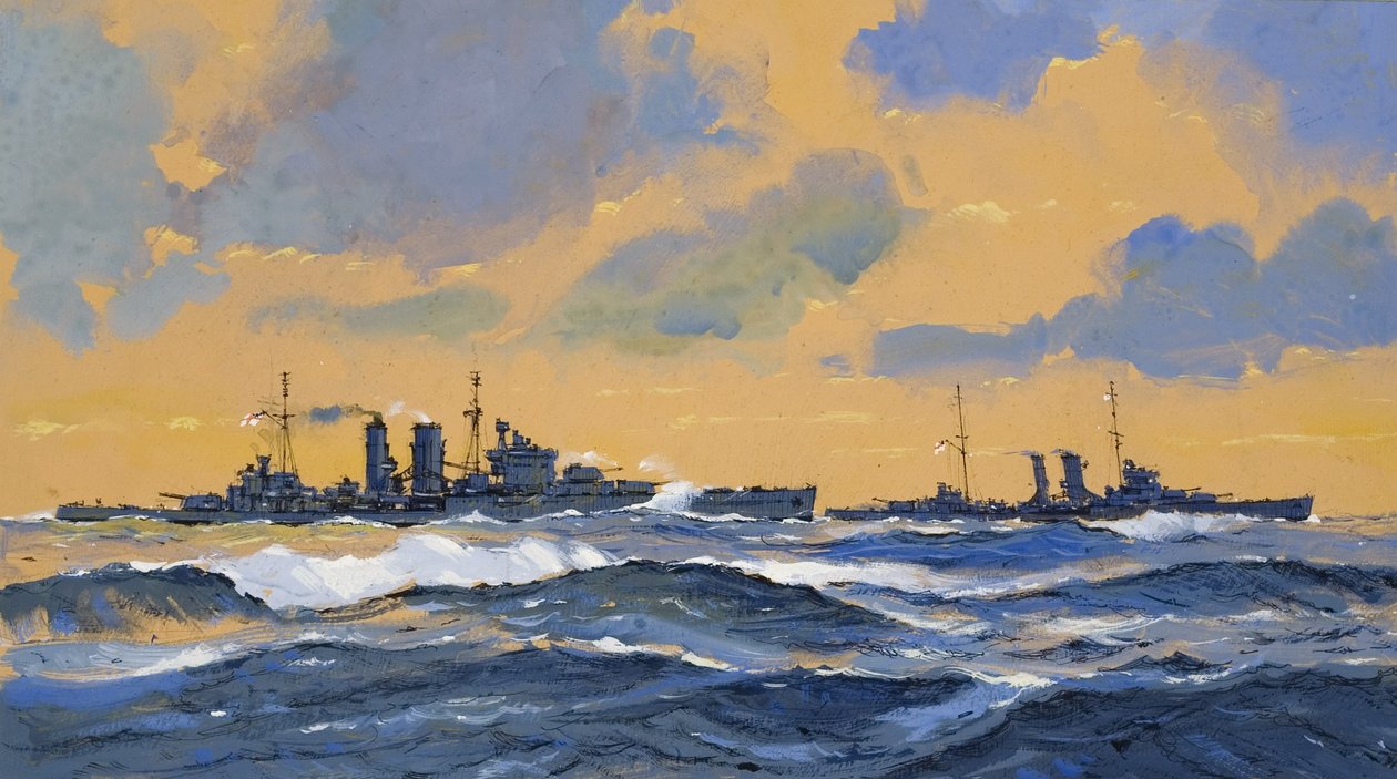 Os cruzadores britânicos HMS Exeter e HMS York (guache sobre papel) de John S. Smith