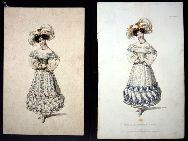 Desenho e impressão de uma placa de moda, c.1829 (lápis e aguarela sobre papel e gravura de cor à mão) de John Samuel Agar