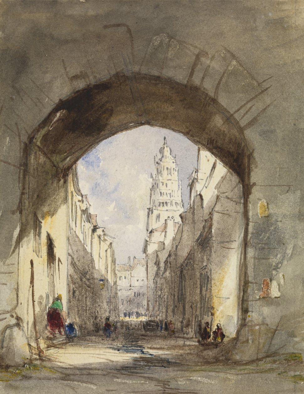 Street Scene in Calais (wc com arranhar sobre grafite no papel) de John Scarlett Davis
