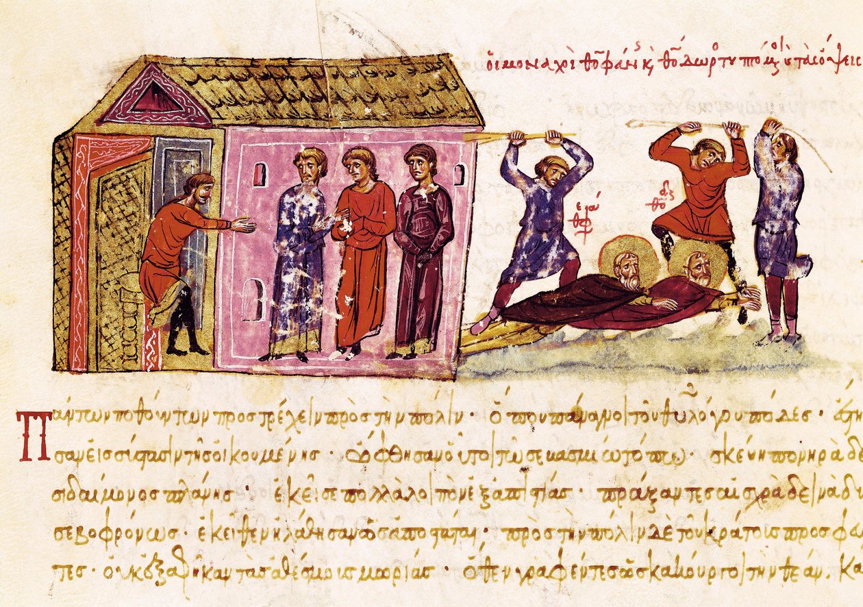 Os monges Santo Teófano o Confessor (c.759-818) e São Teodoro o Estudioso (759-826) chicoteados por ordem do Imperador Teófilo, miniatura do "Synopsis historiarum", c.1126-1150 de John Scylitzes