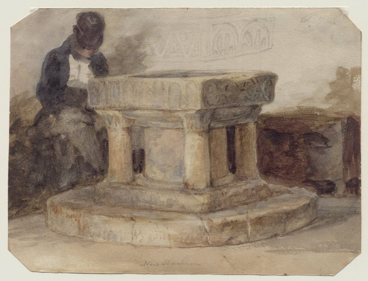The Font of New Shoreham Church, West Sussex, com o artista, William Scott de Brighton ?dormindo de John Sell (style of) Cotman