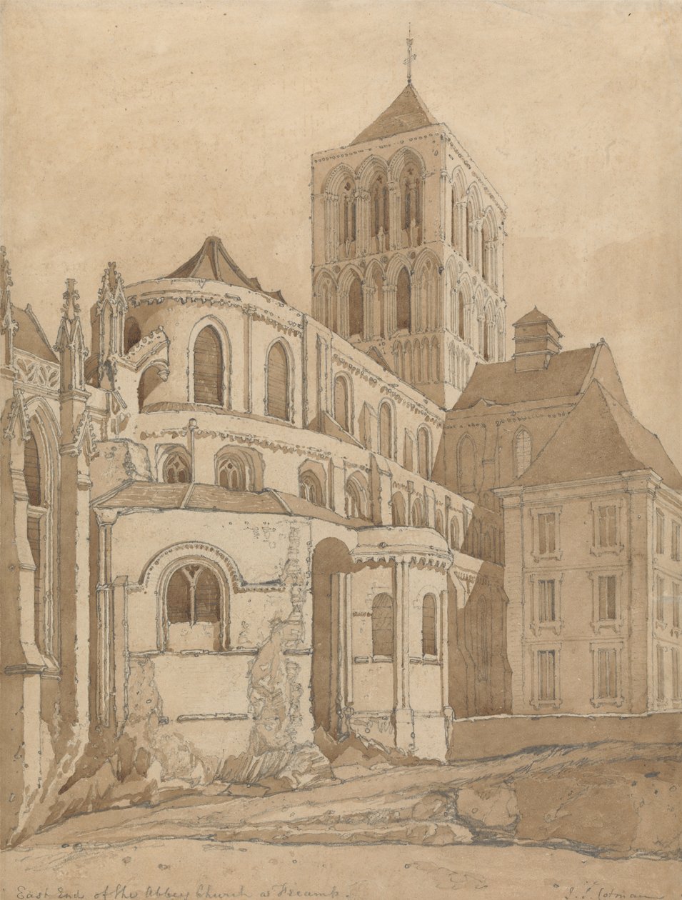 Igreja da Abadia em Fecamp, Normandia, c.1817-20 (grafite e lavagem marrom no papel) de John Sell Cotman