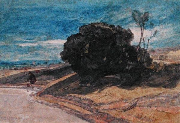 Um pescador em uma margem do rio perto de uma torrente de árvores (aquarela sobre papel) de John Sell Cotman