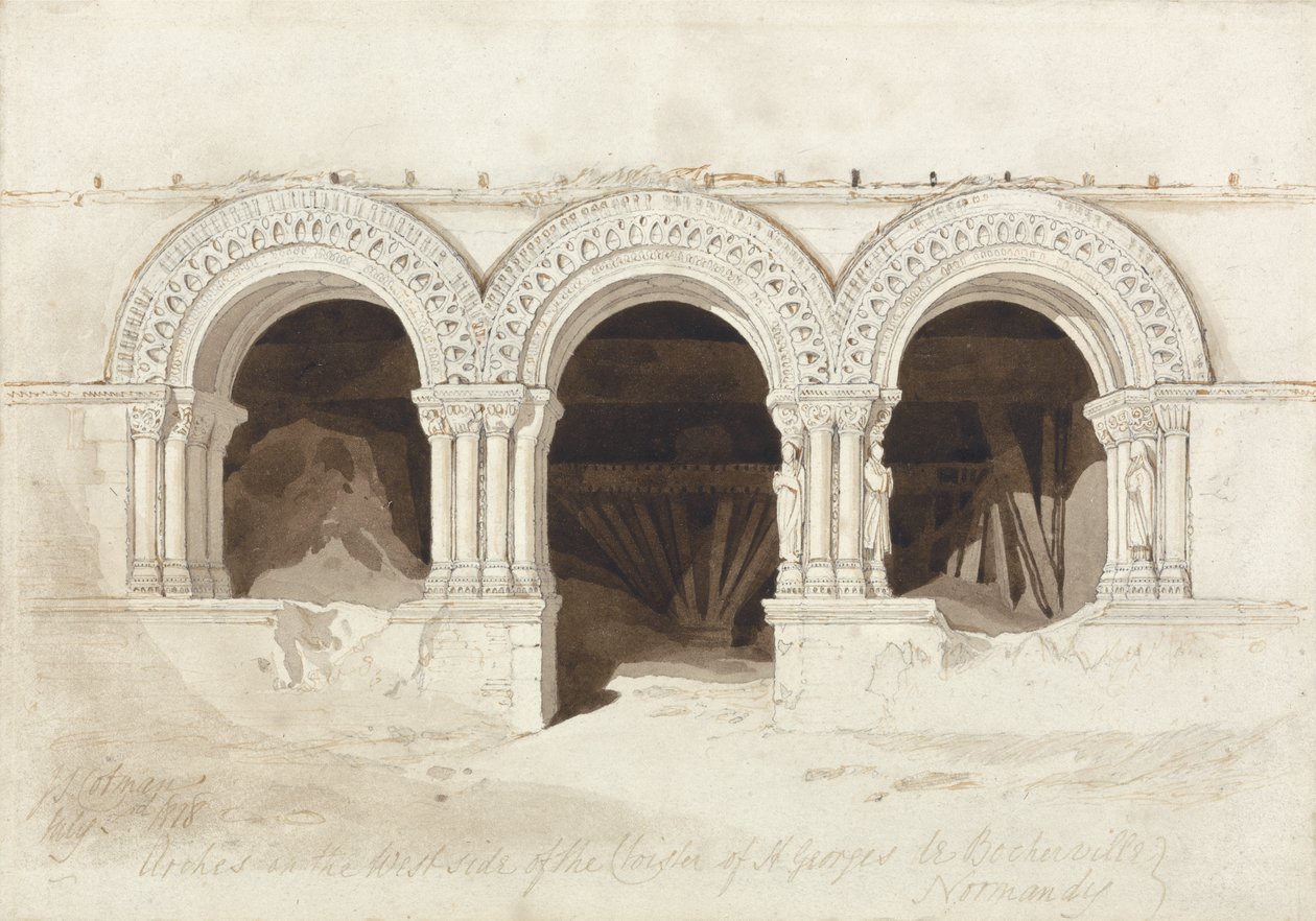 Arcos no lado oeste do Claustro de St. Georges de Boscherville, perto de Rouen, Normandia, c.1818 (grafite, lavagem marrom e caneta e tinta no papel no cartão) (ver 172543) de John Sell Cotman