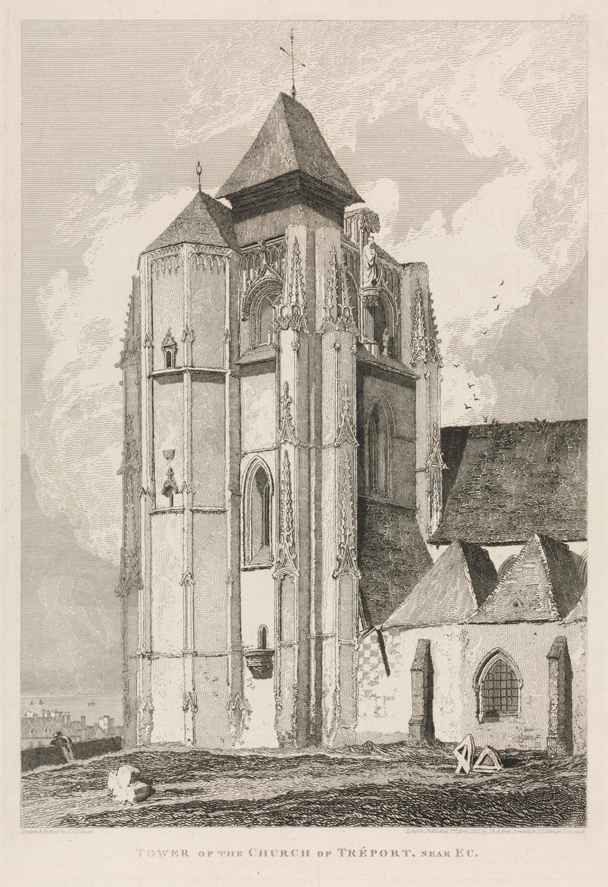 Antiguidades arquitetônicas da Normandia (Vol. II), Pl. 66: Torre da Igreja de Tréport, perto da Eu de John Sell Cotman
