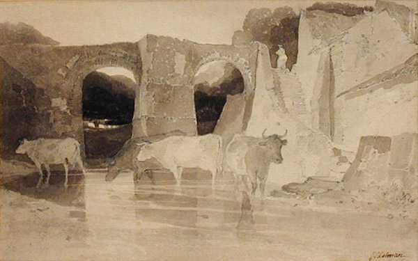 Ponte e vacas (caneta e tinta e lavagem em papel) de John Sell Cotman