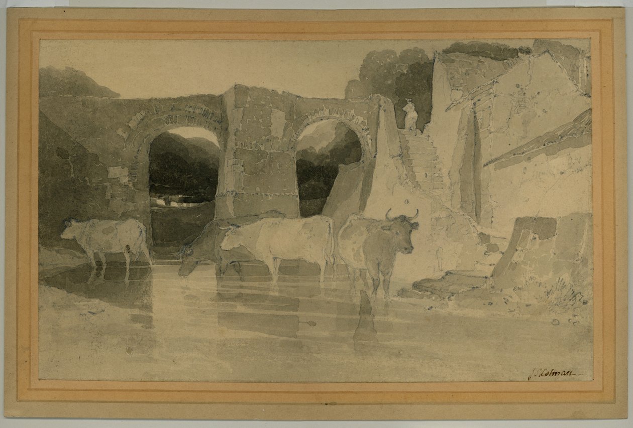 Bridge and Cows, c.1803-04 (lápis com lavagem em papel) de John Sell Cotman