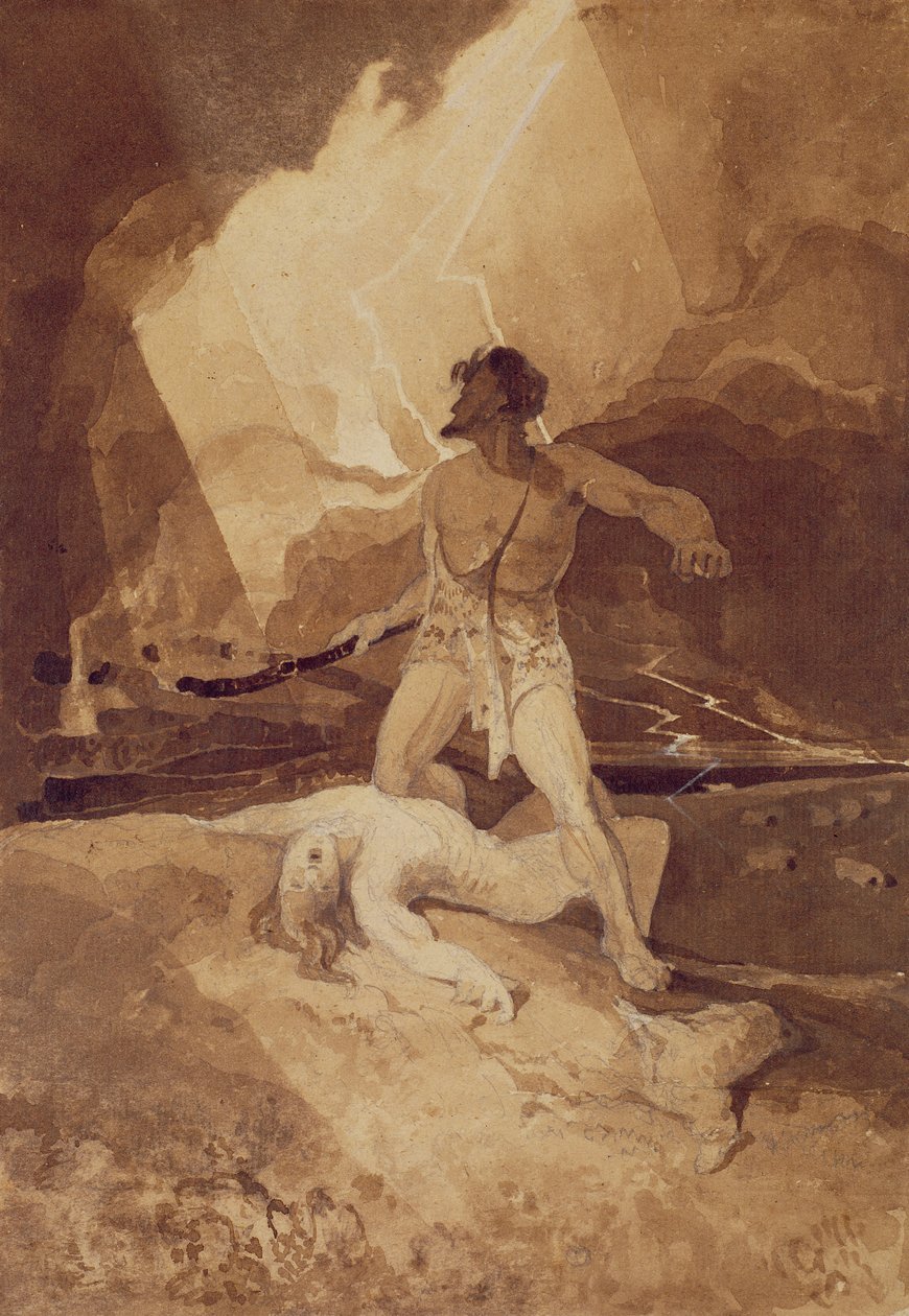 Caim e Abel, 1800-03 (lavagem sépia sobre chumbo preto) de John Sell Cotman