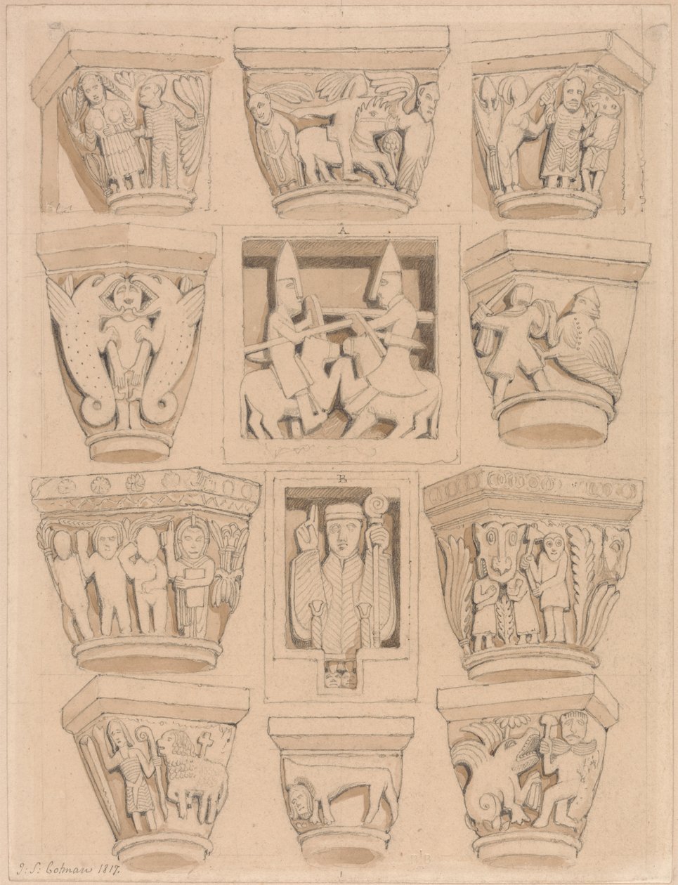 Capitais e Bas-Reliefs A & B na Igreja da Abadia de Saint Georges de Bocherville, perto de Rouen, Normandia de John Sell Cotman