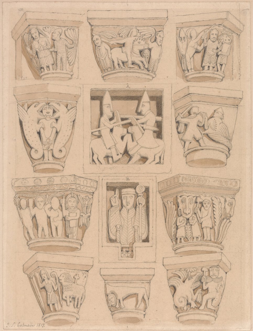 Capitais e A  amp; B Bas-Reliefs na Igreja da Abadia de Saint Georges de Bocherville, perto de Rouen, Normandia de John Sell Cotman